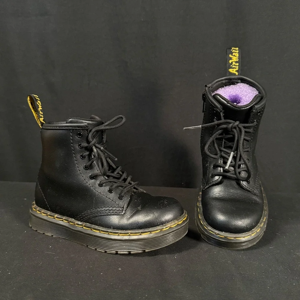 Dr. Martens Zavala T 1460 Black Leather Toddler Combat Boots Side Zip Size 10